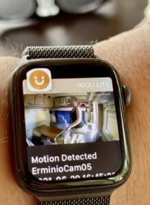 Apple Watch che mostra una notifica di movimento IMOU con immagine live dall’interno del camper