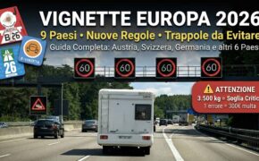 Infografica vignette Europa 2026 per camper: regole 3,5 tonnellate e pedaggi digitali