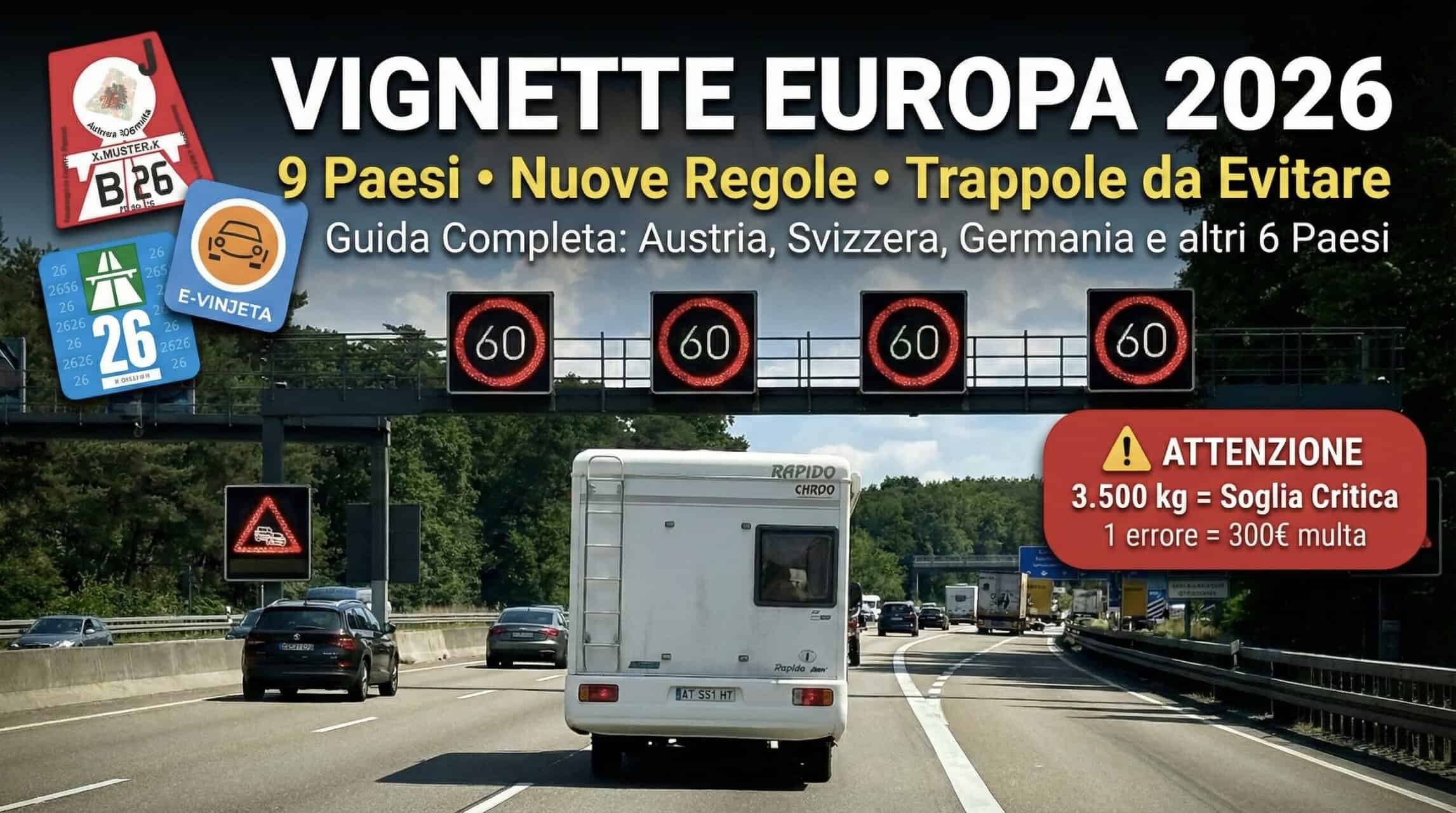 Infografica vignette Europa 2026 per camper: regole 3,5 tonnellate e pedaggi digitali