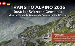 Camper in transito su strada di montagna nelle Alpi – transito alpino 2026 Austria Svizzera Germania