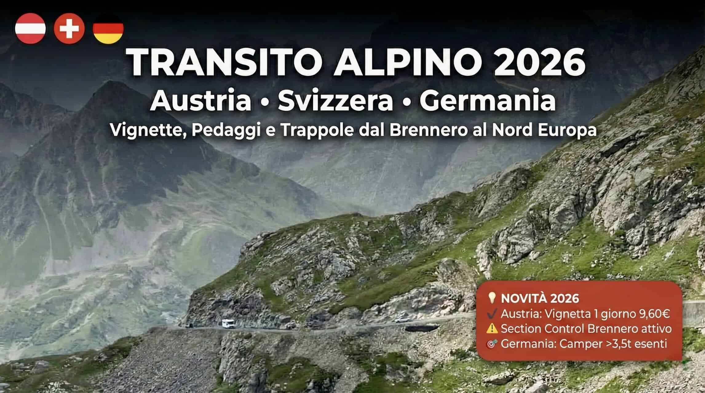Camper in transito su strada di montagna nelle Alpi – transito alpino 2026 Austria Svizzera Germania