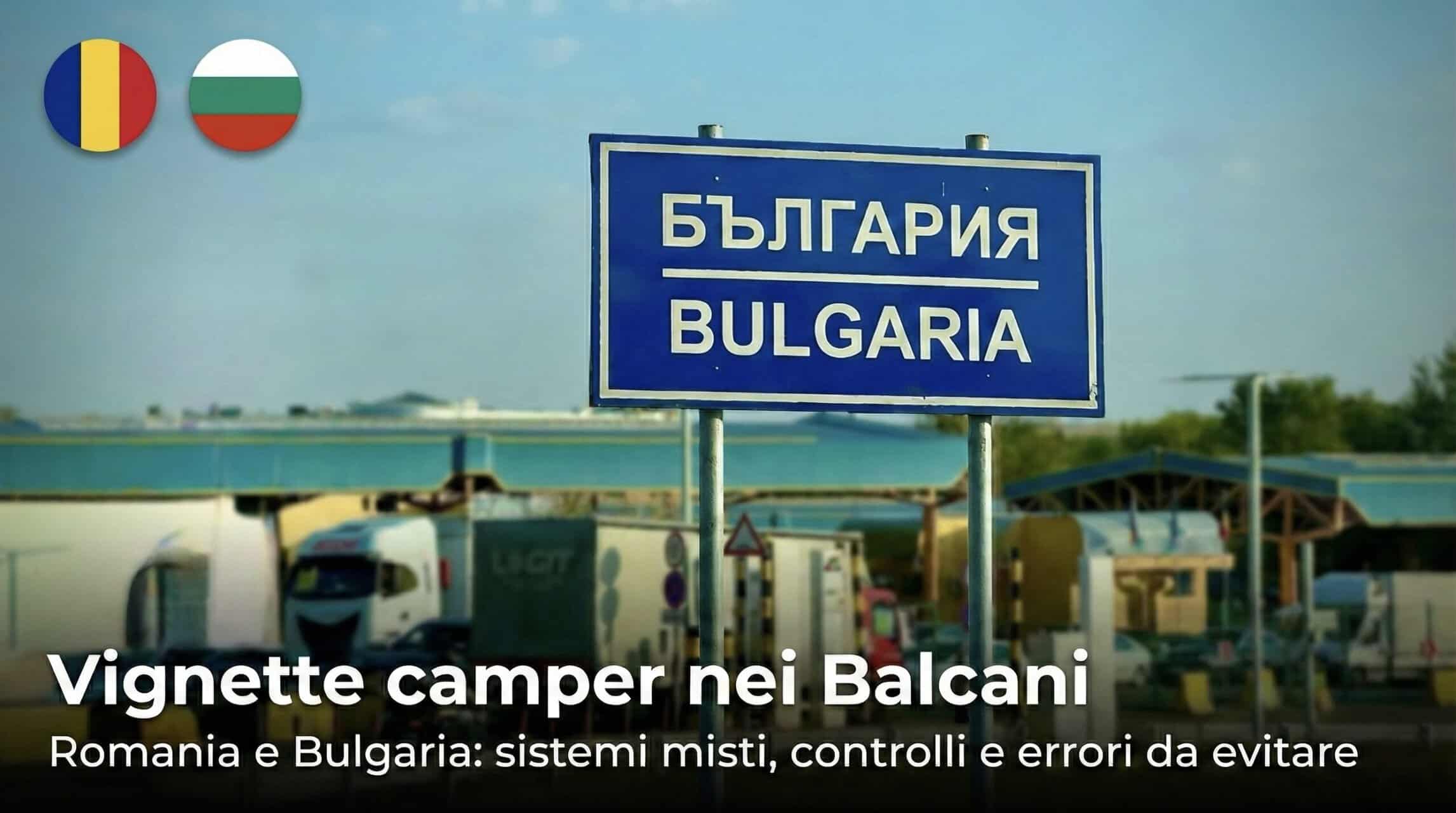 Cartello stradale di confine Bulgaria con riferimento a vignette e pedaggi per camper nei Balcani