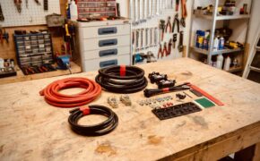 Kit cablaggio elettrico per camper su banco da lavoro in officina: cavi rosso/nero, guaina corrugata, capicorda e accessori.