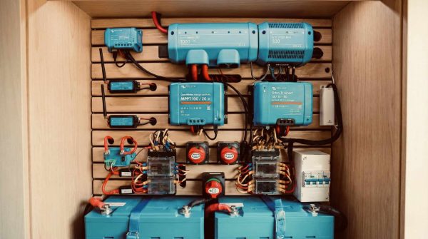 Impianto elettrico per camper con batterie al litio Victron Energy, inverter, MPPT e DC-DC montati su pannello dedicato