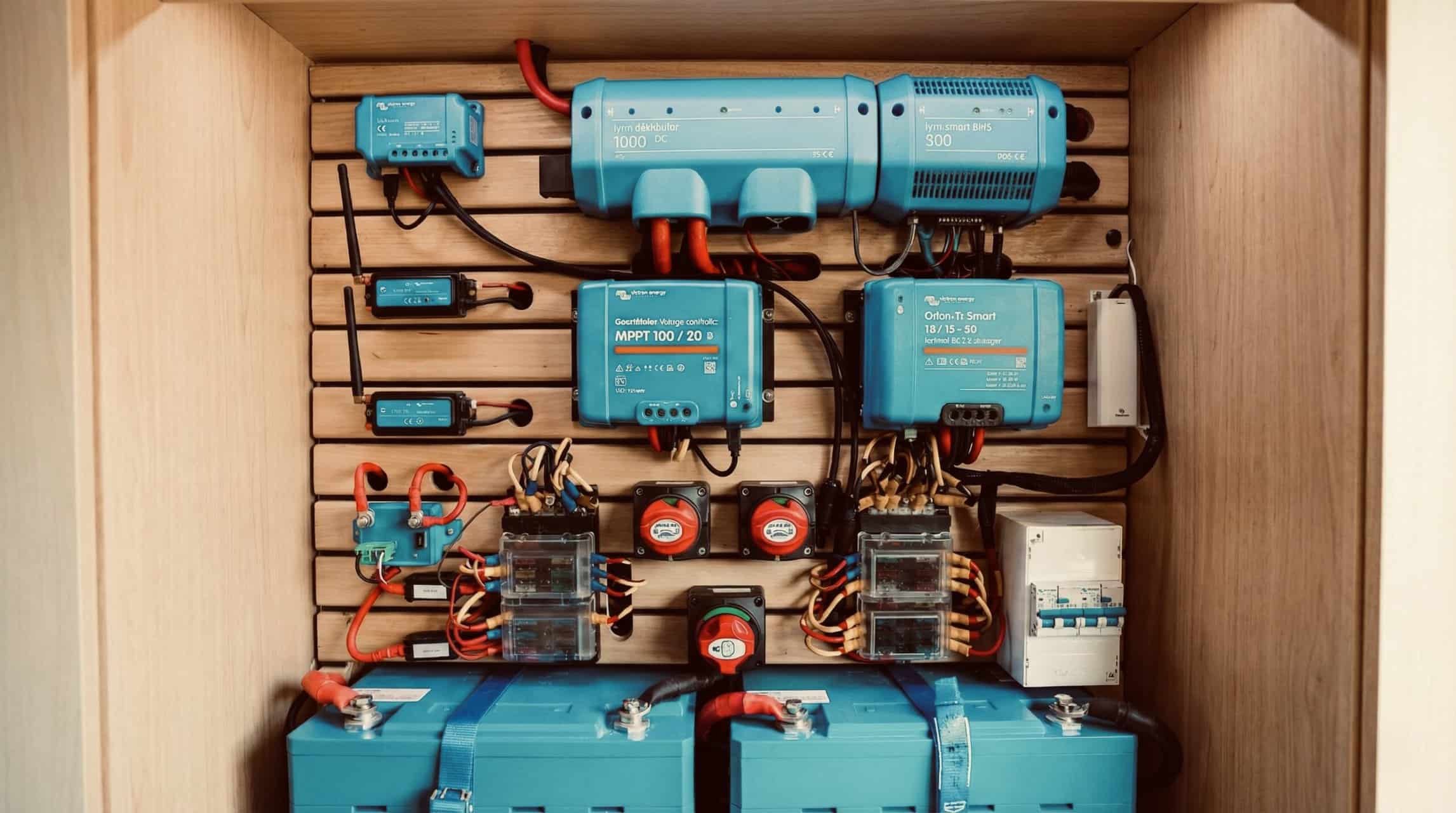 Impianto elettrico per camper con batterie al litio Victron Energy, inverter, MPPT e DC-DC montati su pannello dedicato