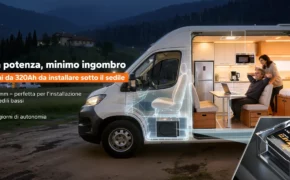 Batteria al litio LiFePO4 installata sotto il sedile di un camper per massima autonomia energetica