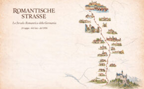 Mappa illustrata della Romantische Straße, la Strada Romantica della Germania da Würzburg a Füssen: 29 tappe e 460 km in stile vintage