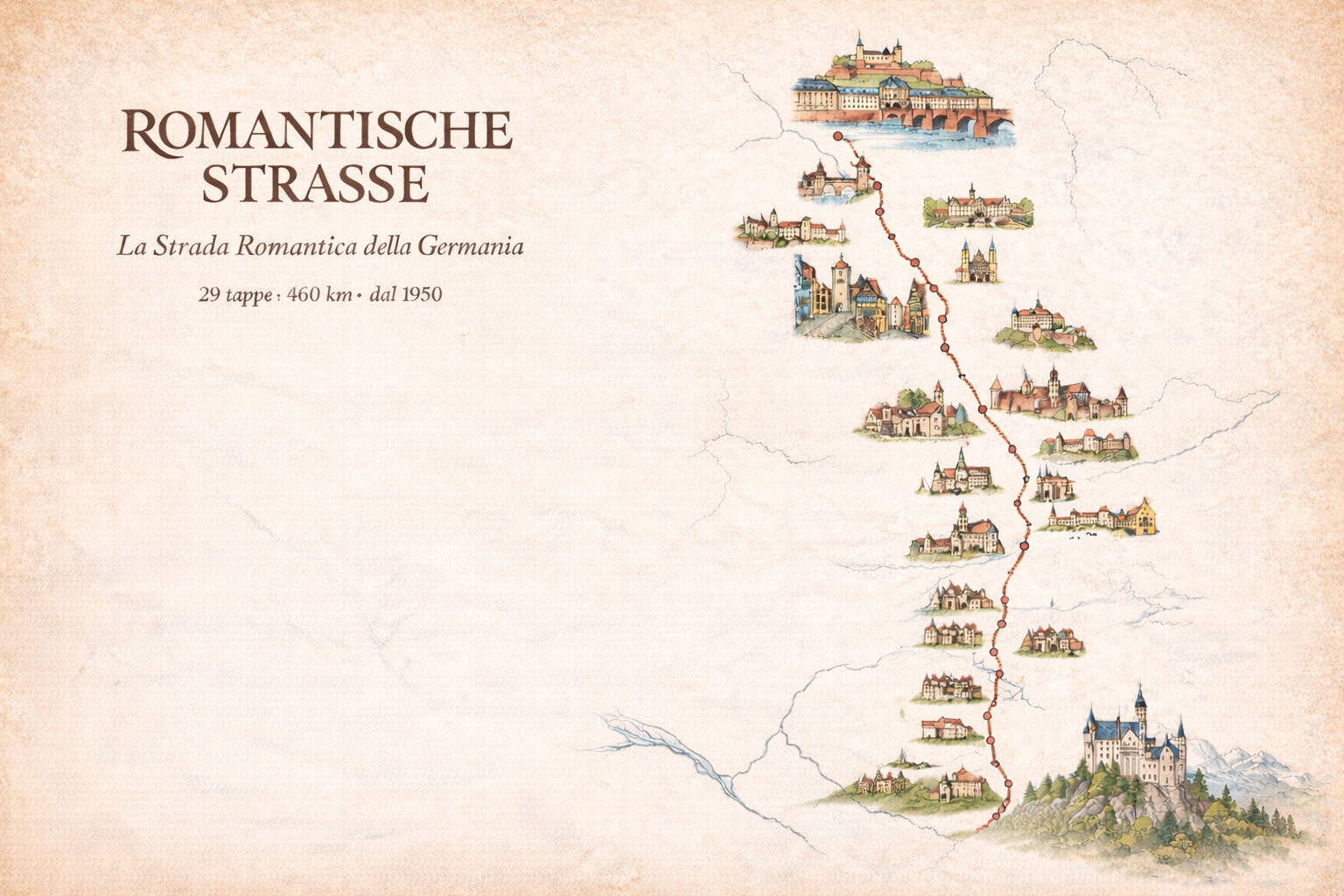 Mappa illustrata della Romantische Straße, la Strada Romantica della Germania da Würzburg a Füssen: 29 tappe e 460 km in stile vintage