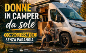 Donna seduta sulla soglia di un camper van in montagna con una tazza in mano, immagine editoriale per un articolo sui viaggi in camper da sole.