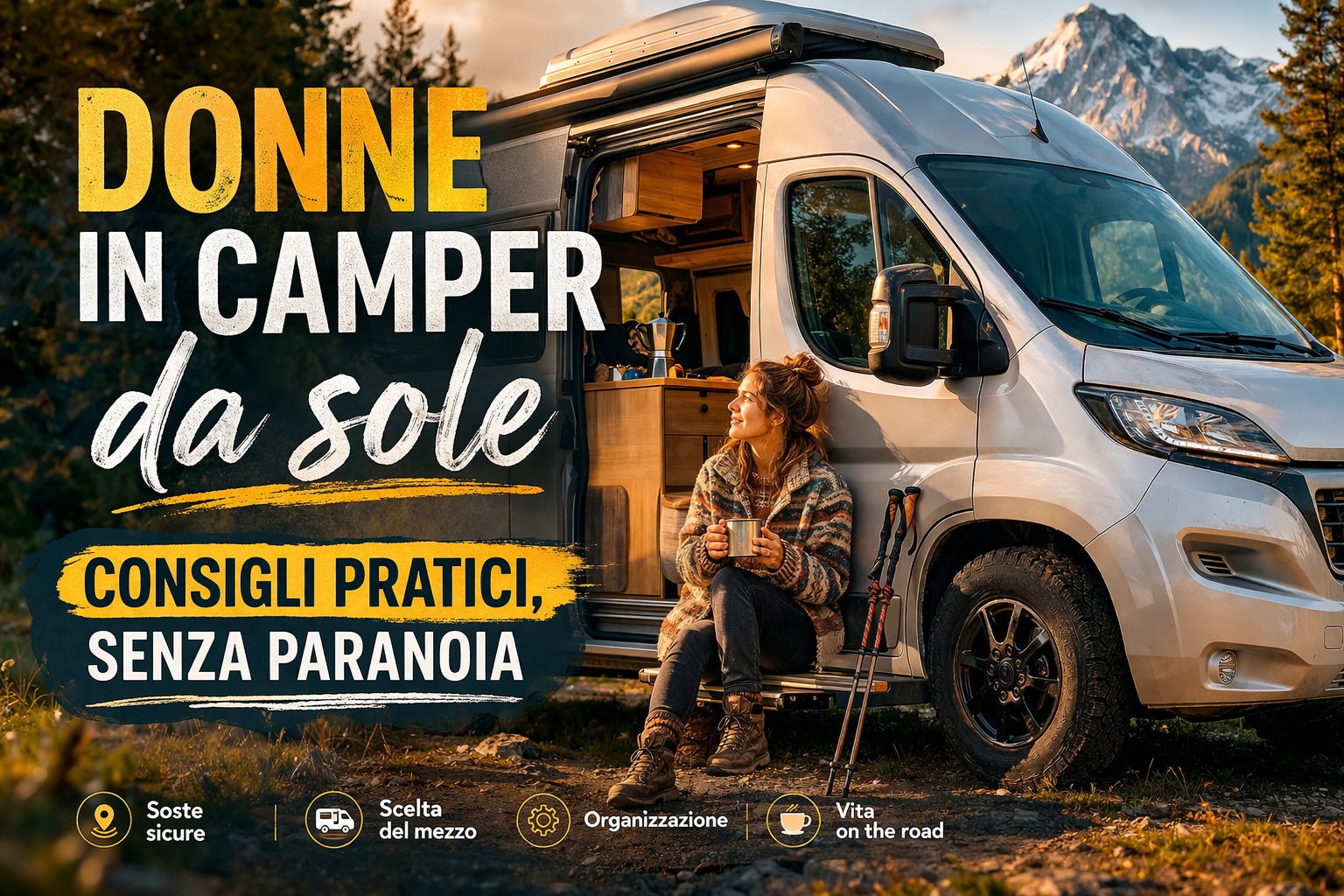 Donna seduta sulla soglia di un camper van in montagna con una tazza in mano, immagine editoriale per un articolo sui viaggi in camper da sole.
