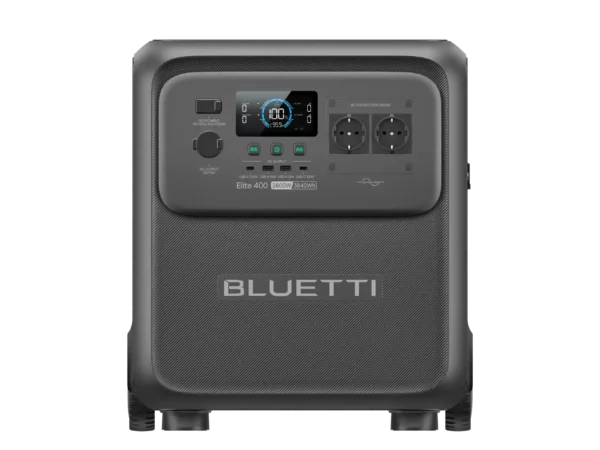 Generatore di energia portatile Bluetti Elite 400 con prese e display digitale.