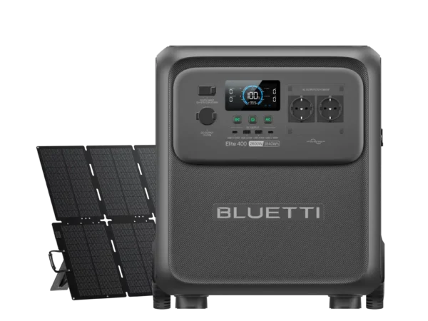 Generatore portatile Bluetti Elite 400 con pannelli solari solari per energia sostenibile.