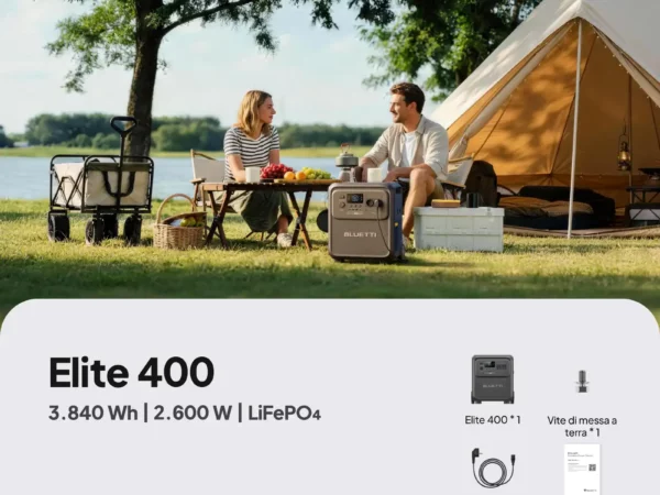 Batteria portatile Bluetti Elite 400, ideale per campeggio, outdoor e emergenze, con alta capacità e.