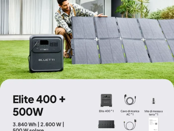 Uomo che installa pannelli solari con generatore Bluetti Elite 400 all'aperto.