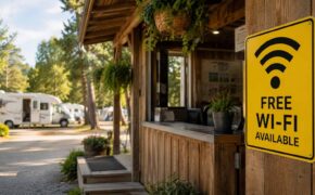 Cartello "Free Wi-Fi" all'ingresso di un campeggio con camper sullo sfondo