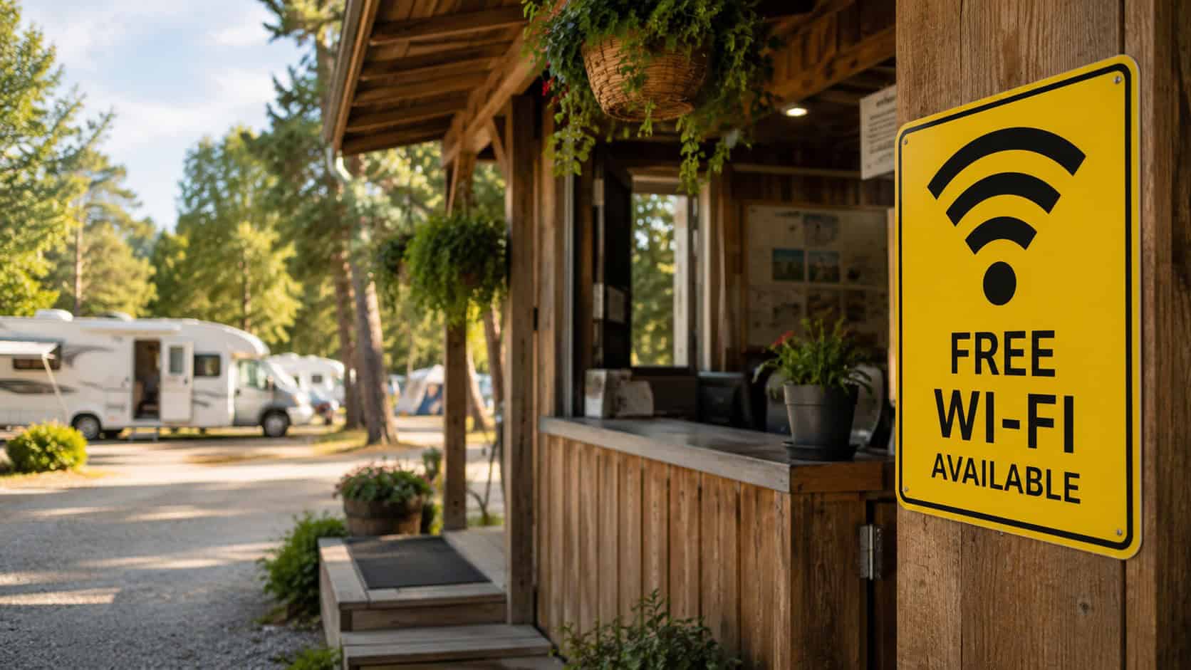 Cartello "Free Wi-Fi" all'ingresso di un campeggio con camper sullo sfondo