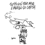 Carrozza di carta con persone che cadono, simbolo di fragilità e caos.