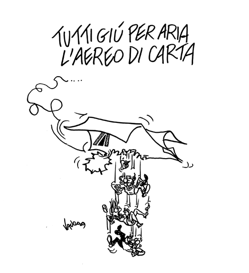 Carrozza di carta con persone che cadono, simbolo di fragilit&agrave; e caos.