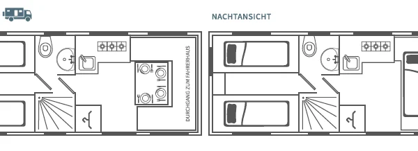 Pianta della Kerkamm EX 592 con cabina, dinette, cucina, bagno e zona notte