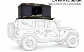 Illustrazione tecnica: tenda da tetto rigida aperta montata su rack, sopra un fuoristrada disegnato in wireframe — il carico ammesso dipende dal veicolo.