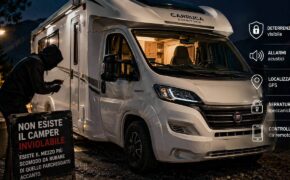 Camper Carruca Dormitoria bianco di notte con sistema antifurto visibile e uomo che controlla la serratura