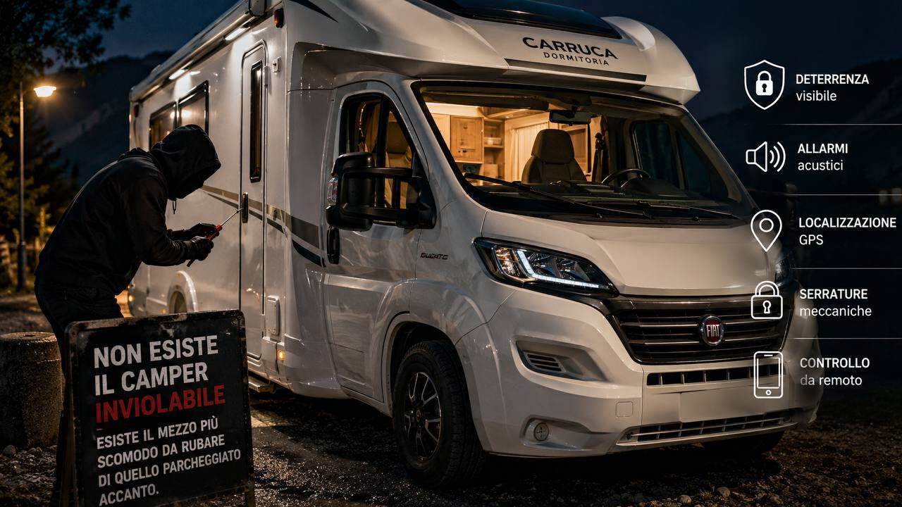 Camper Carruca Dormitoria bianco di notte con sistema antifurto visibile e uomo che controlla la serratura