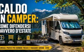 Camper bianco parcheggiato in montagna con albero e lago sullo sfondo, attrezzato con tendina parasole e sedie esterne