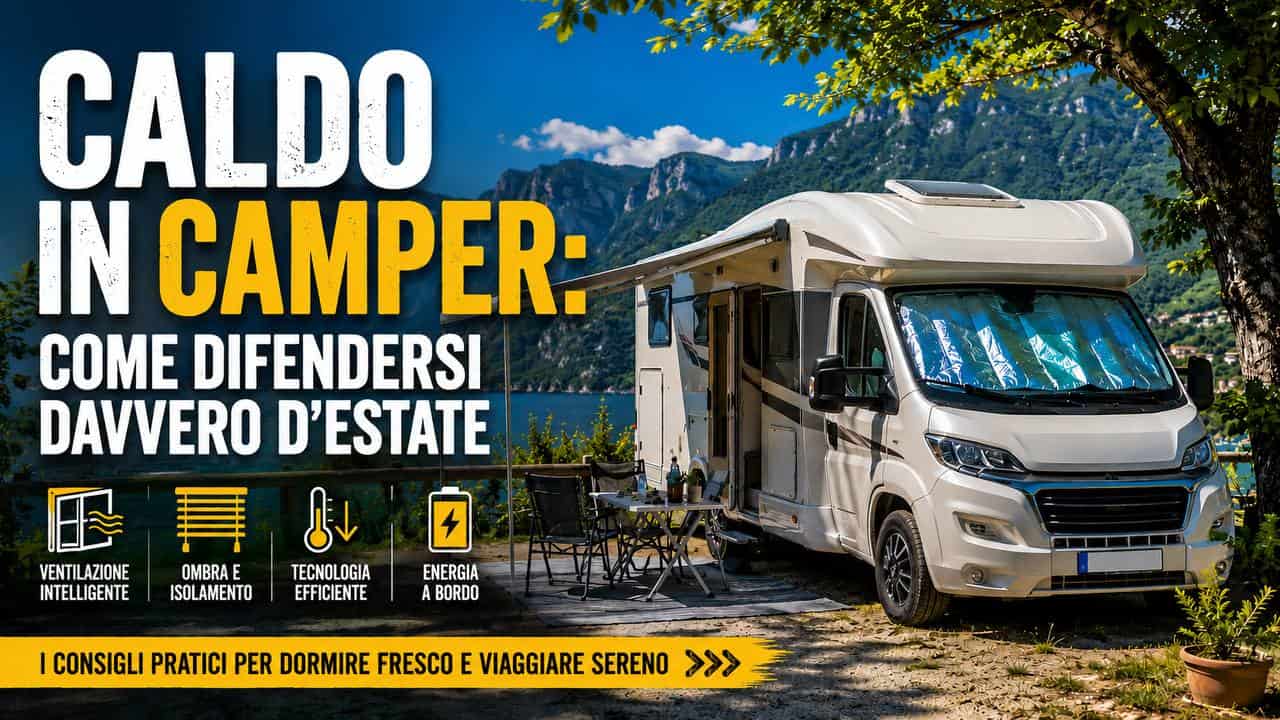 Camper bianco parcheggiato in montagna con albero e lago sullo sfondo, attrezzato con tendina parasole e sedie esterne