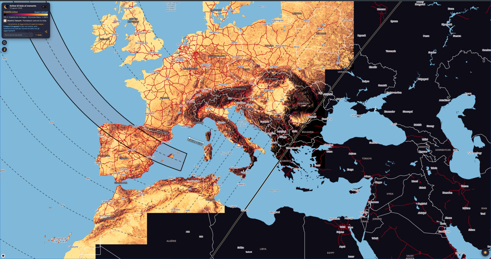 Mappa interattiva dell&rsquo;eclissi solare del 12 agosto 2026 con fascia di totalit&agrave;, percentuali di copertura e direzione di osservazione