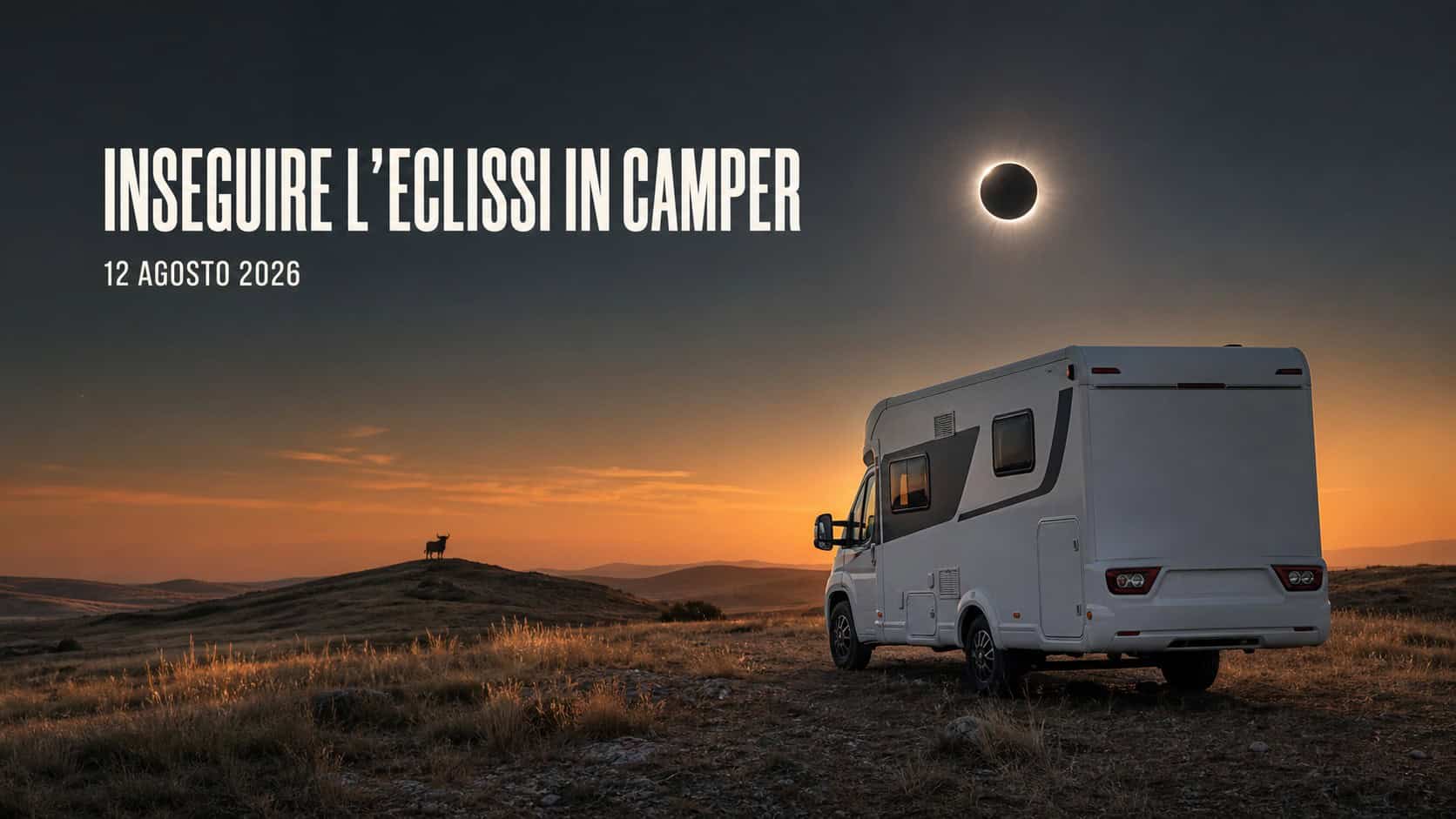 Camper su un altopiano spagnolo al tramonto durante l’eclissi solare del 12 agosto 2026