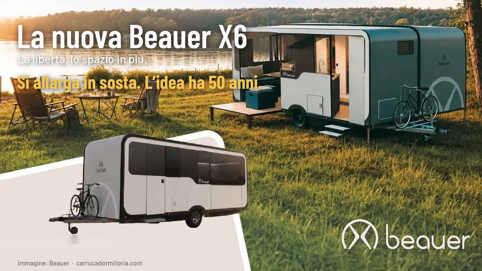 Caravan Beauer X6 aperta sul lago e chiusa nel riquadro, immagine Beauer. Testo: La nuova Beauer X6. Si allarga in sosta. L&rsquo;idea ha 50 anni.
