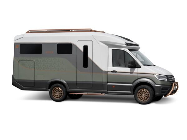 Il concept Dethleffs c.core visto di profilo, su base Volkswagen Crafter
