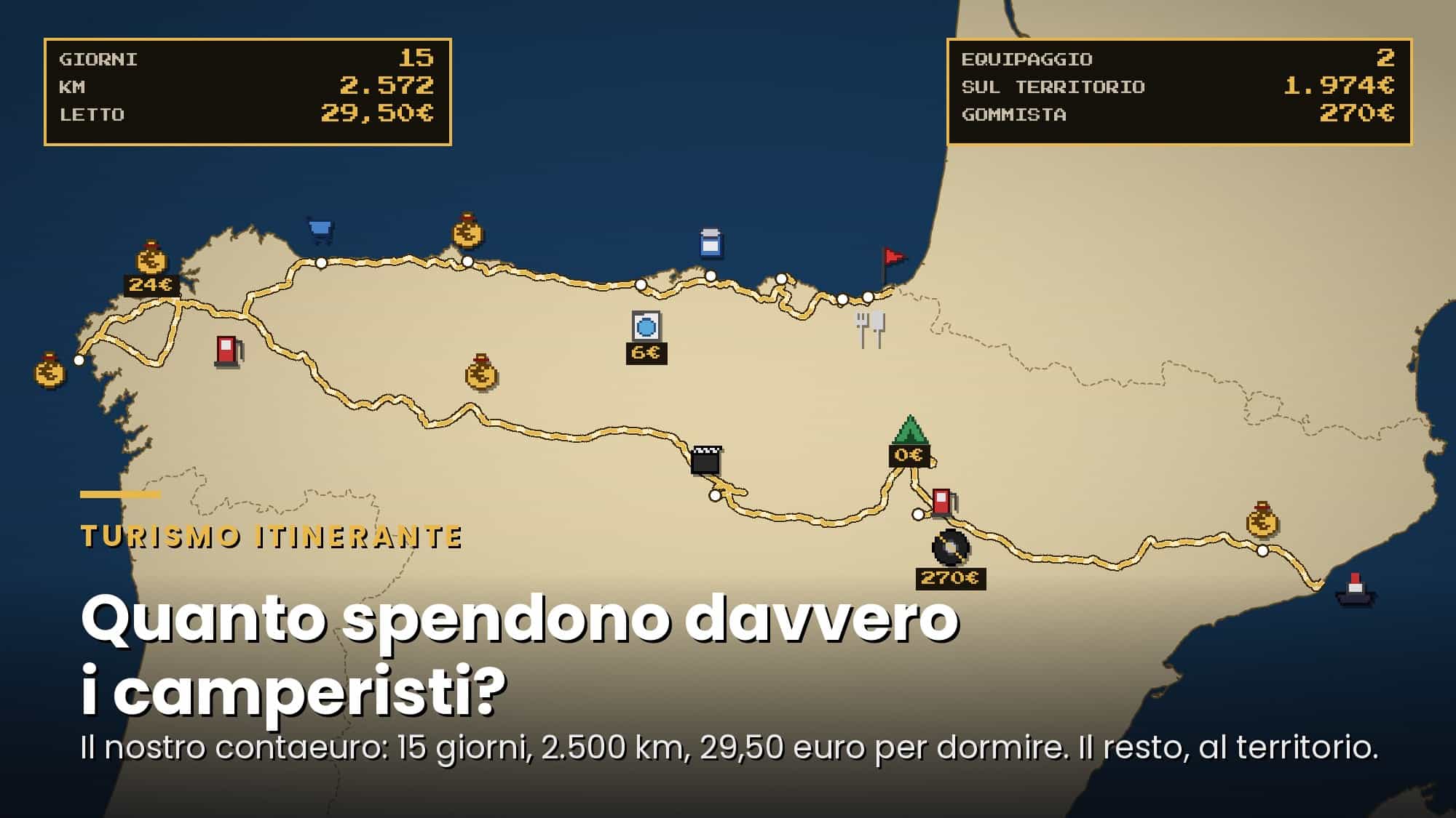 Mappa in stile videogioco di quindici giorni di turismo itinerante in camper nel Nord della Spagna: la rotta, i contatori (15 giorni, 2.572 km, 29,50 euro per dormire) e i sacchetti di euro lasciati lungo la strada