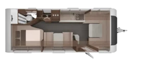 Pianta della Knaus Nordwind 660 UDF in versione giorno: dinette a U davanti, dinette centrale, cucina lineare, letto fisso e bagno in coda
