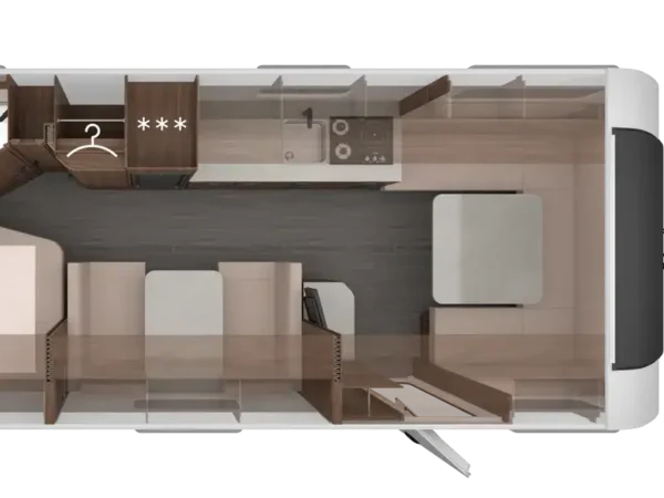 Pianta della Knaus Nordwind 660 UDF in versione giorno: dinette a U davanti, dinette centrale, cucina lineare, letto fisso e bagno in coda