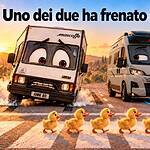 GSR II sui camper: vignetta con un'Arca Mascotte anni Ottanta che inchioda e una Mascotte 2027 che frena da sola davanti a un'anatra con gli anatroccoli sulle strisce