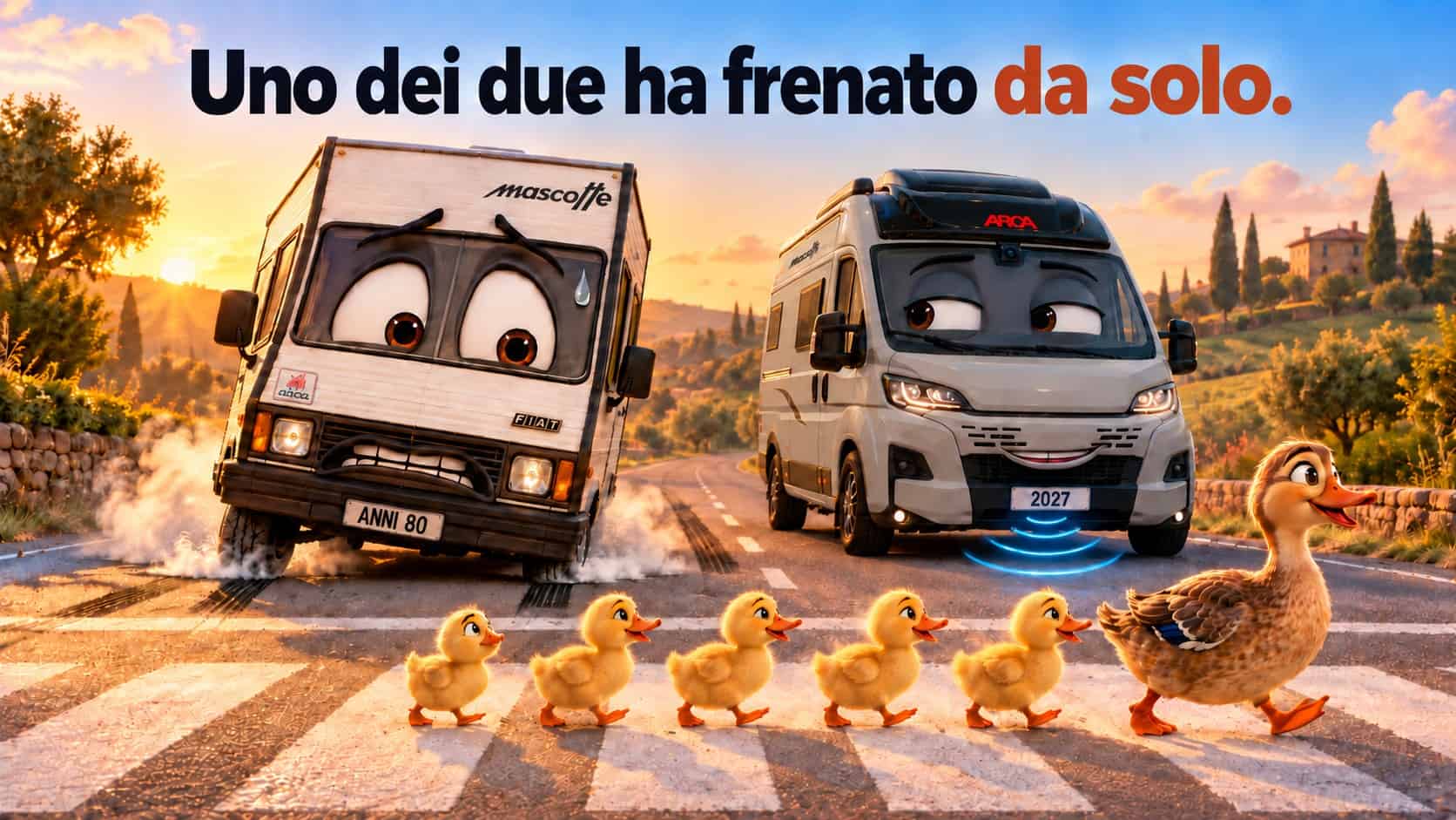 GSR II sui camper: vignetta con un'Arca Mascotte anni Ottanta che inchioda e una Mascotte 2027 che frena da sola davanti a un'anatra con gli anatroccoli sulle strisce